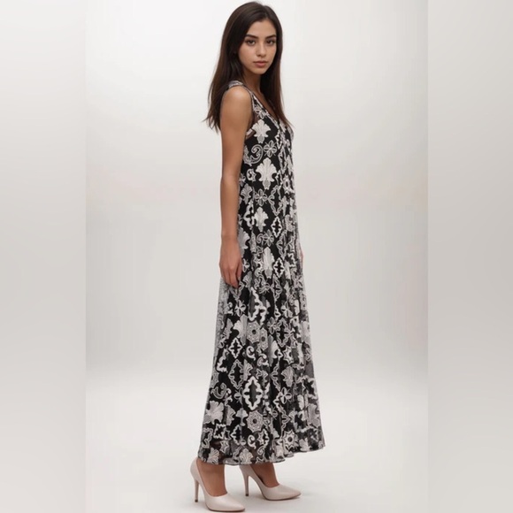 Biya Johnny Was Chloe Mazzy Bias Embroidered Mesh Maxi Dress Black and White - Picture 12 of 12